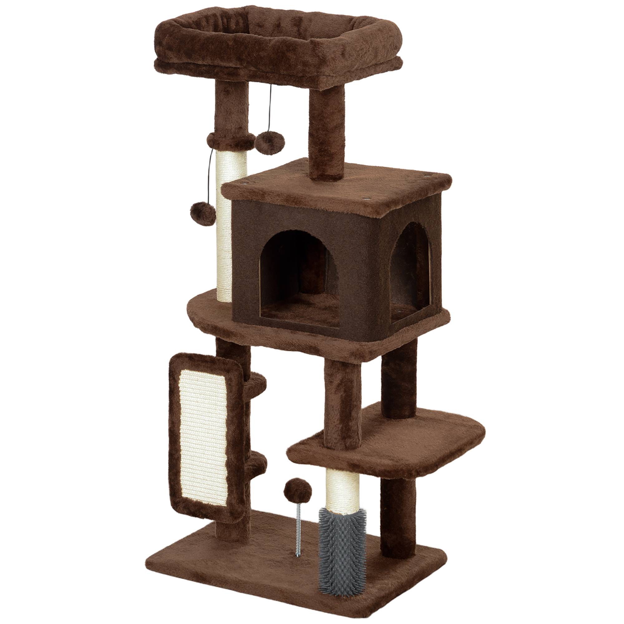 Arbre à Chats 104 cm avec Niche Brosse de Massage Griffoir et Jouets Suspendus Marron - ComfortXL Outdoor Living - Image 2