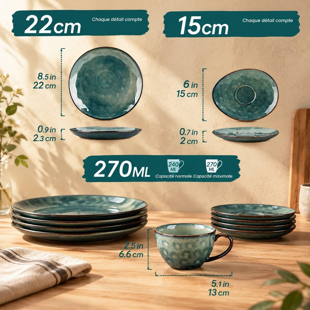 Service à Café Céramique pour 4 avec Tasses Soucoupes et Assiettes Dessert - Image 2