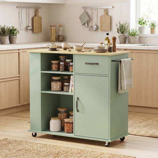 Desserte de cuisine à roulettes, îlot central cuisine avec tiroir, porte, compartiments ouverts et porte-épices, vert - Image 4