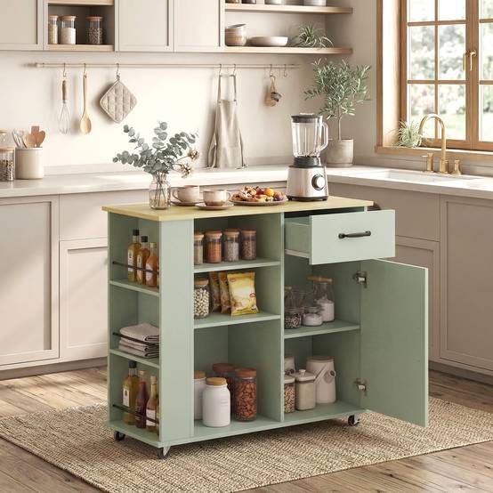 Desserte de cuisine à roulettes, îlot central cuisine avec tiroir, porte, compartiments ouverts et porte-épices, vert - Image 3