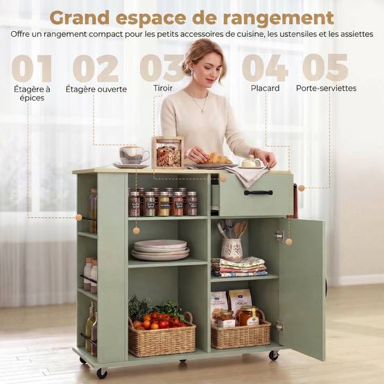 Desserte de cuisine à roulettes, îlot central cuisine avec tiroir, porte, compartiments ouverts et porte-épices, vert - Image 6