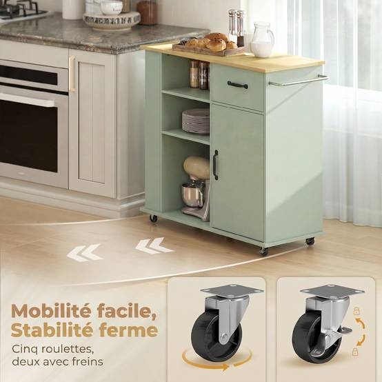 Desserte de cuisine à roulettes, îlot central cuisine avec tiroir, porte, compartiments ouverts et porte-épices, vert - Image 8