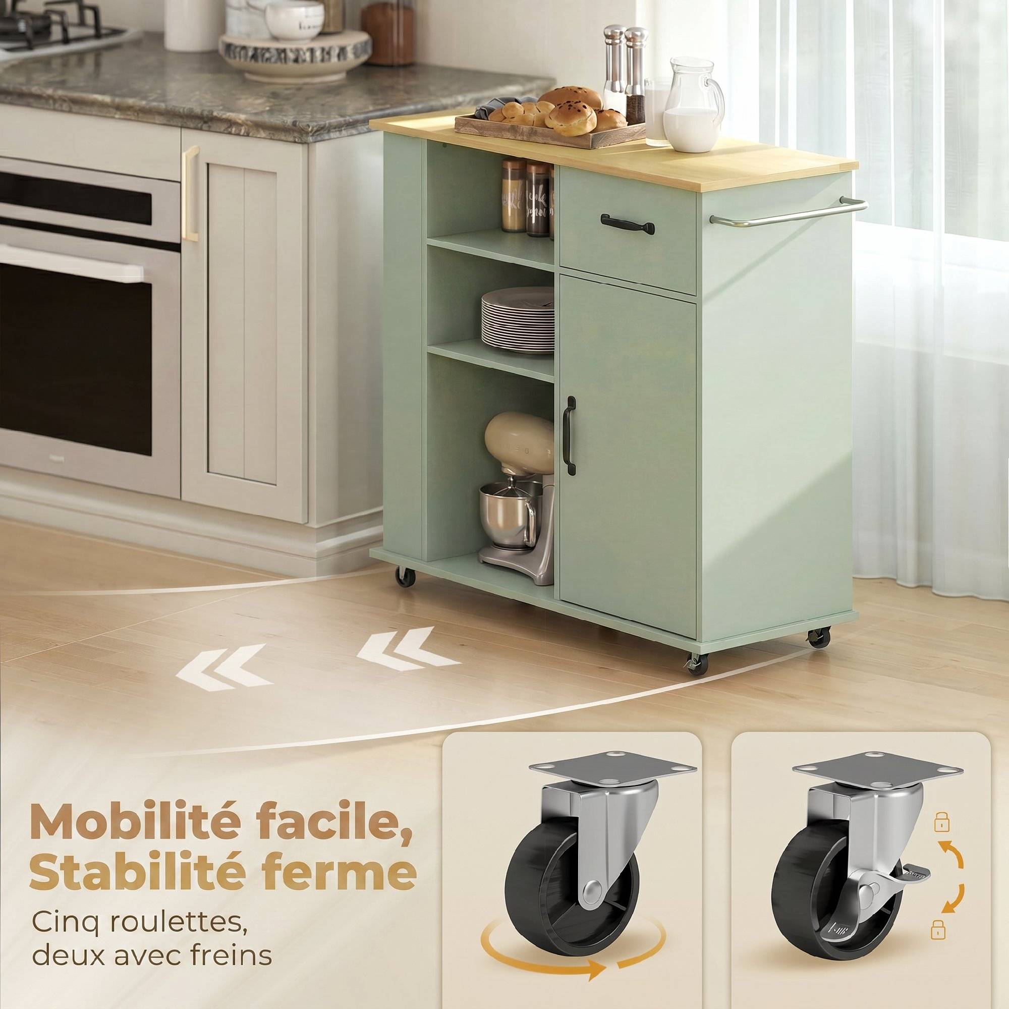 Desserte de cuisine à roulettes, îlot central cuisine avec tiroir, porte, compartiments ouverts et porte-épices, vert - Image 8