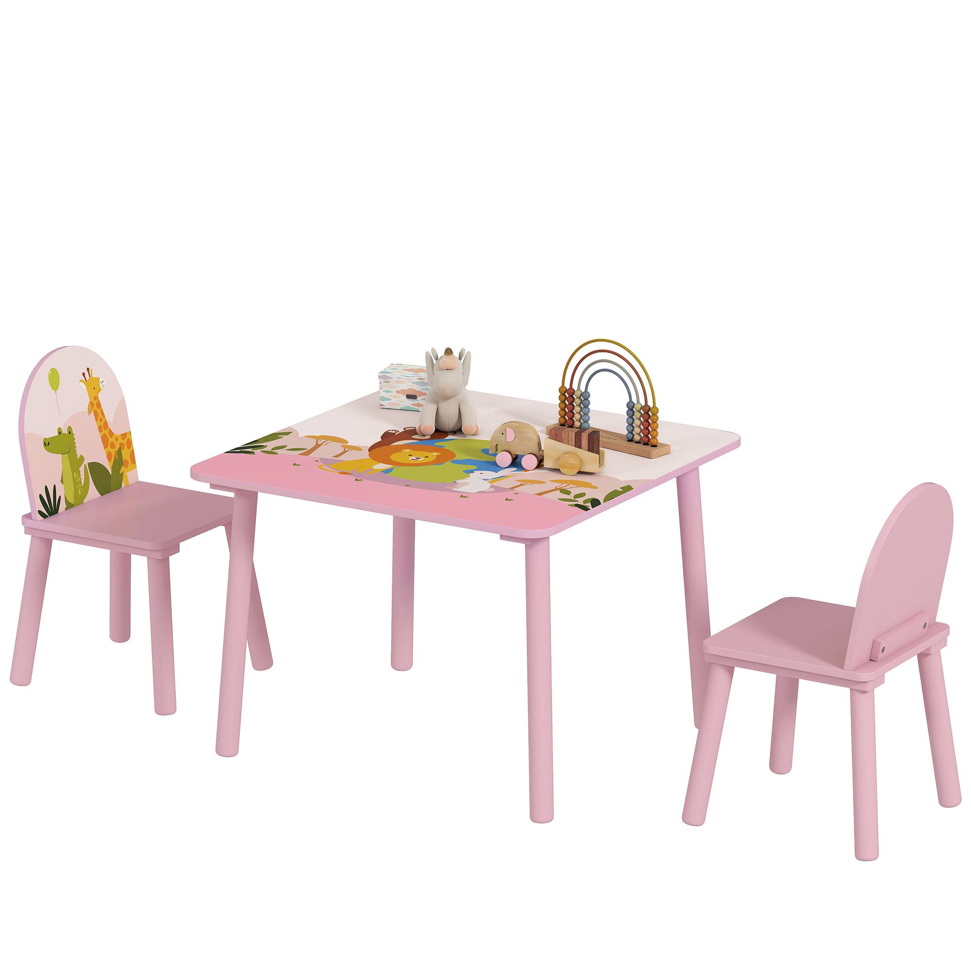 Ensemble table et chaises enfant 3-8 ans motifs animaux bords arrondis MDF pin, rose - Image 1