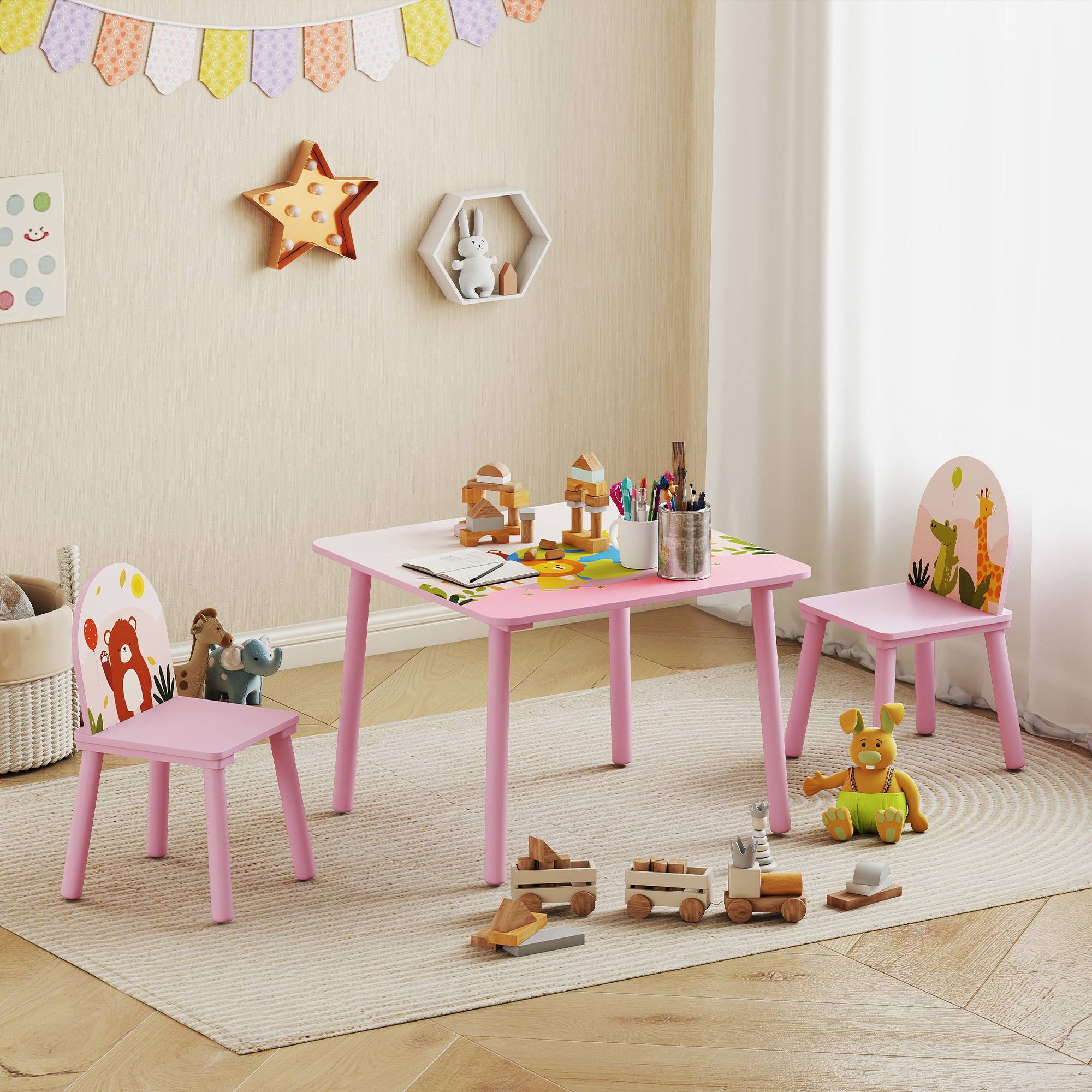 Ensemble table et chaises enfant 3-8 ans motifs animaux bords arrondis MDF pin, rose - Image 10