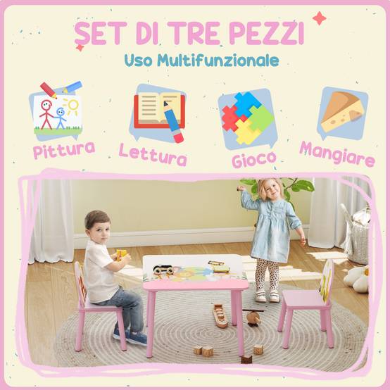 Ensemble table et chaises enfant 3-8 ans motifs animaux bords arrondis MDF pin, rose - Image 6