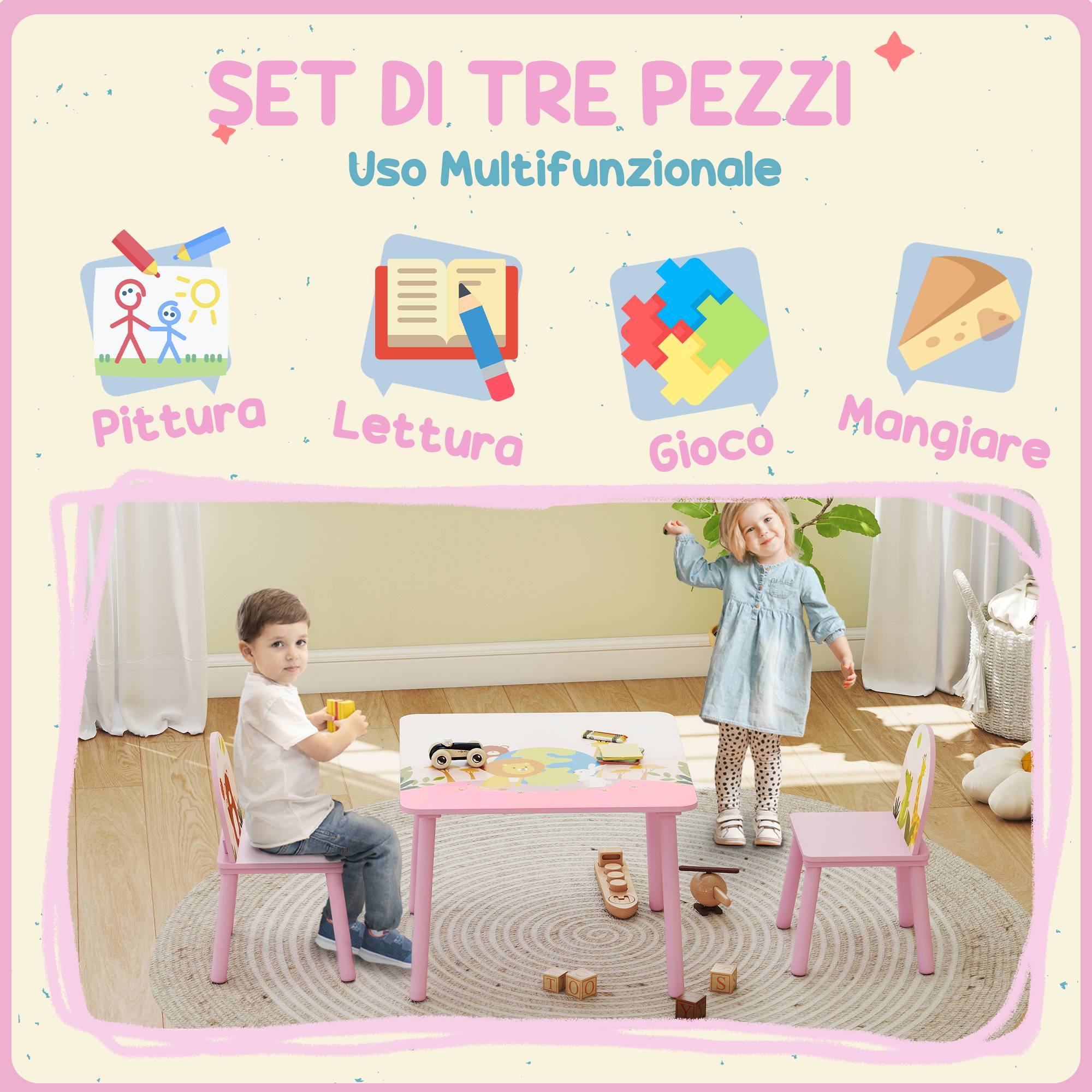 Ensemble table et chaises enfant 3-8 ans motifs animaux bords arrondis MDF pin, rose - Image 6