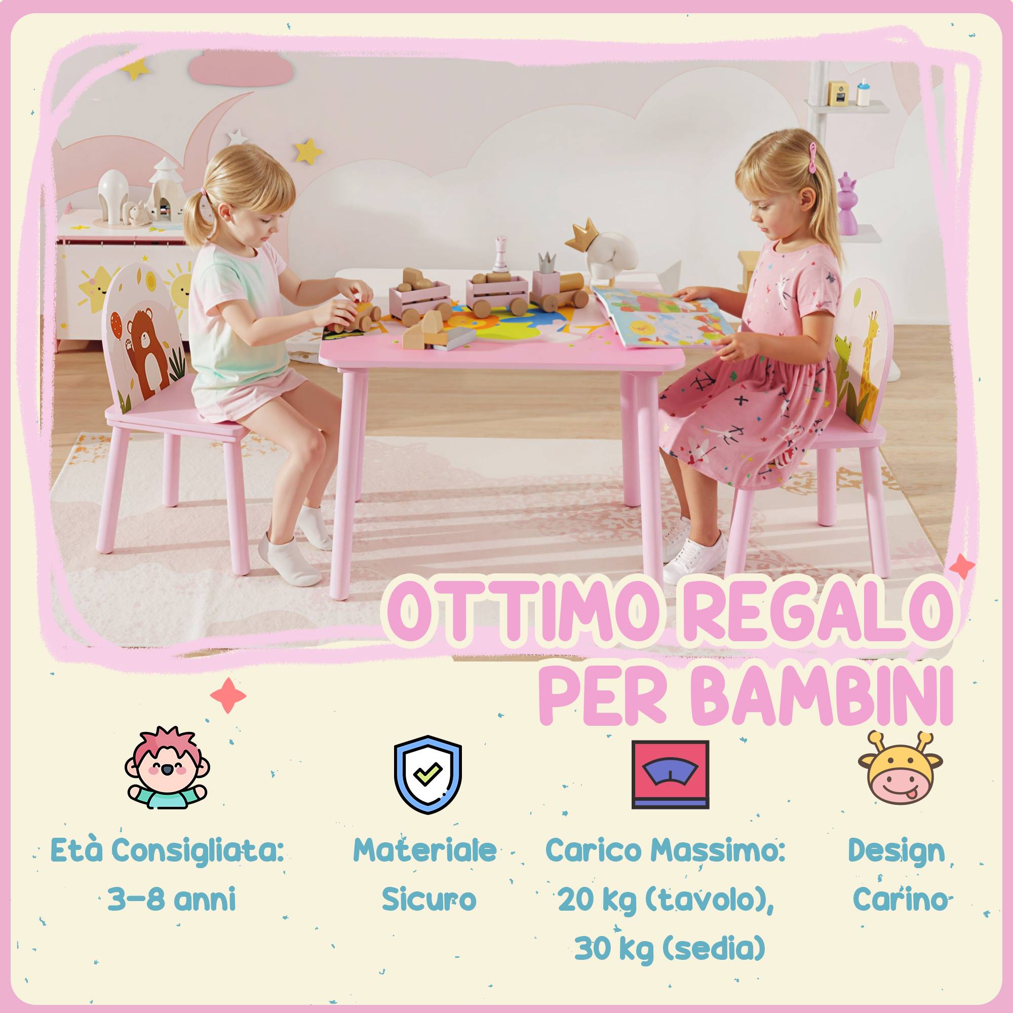 Ensemble table et chaises enfant 3-8 ans motifs animaux bords arrondis MDF pin, rose - Image 9