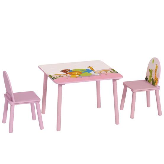 Ensemble table et chaises enfant 3-8 ans motifs animaux bords arrondis MDF pin, rose - Image 2