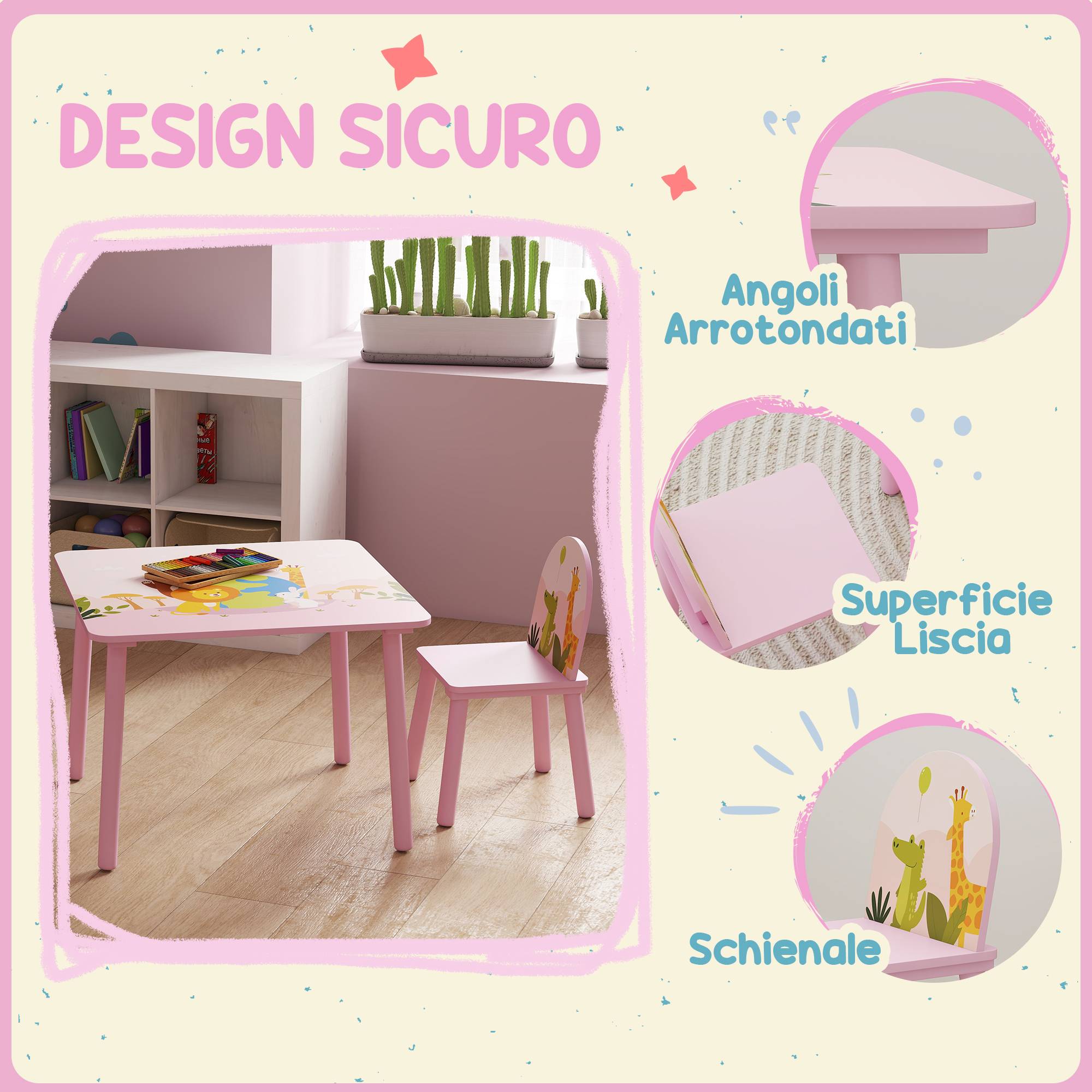 Ensemble table et chaises enfant 3-8 ans motifs animaux bords arrondis MDF pin, rose - Image 7