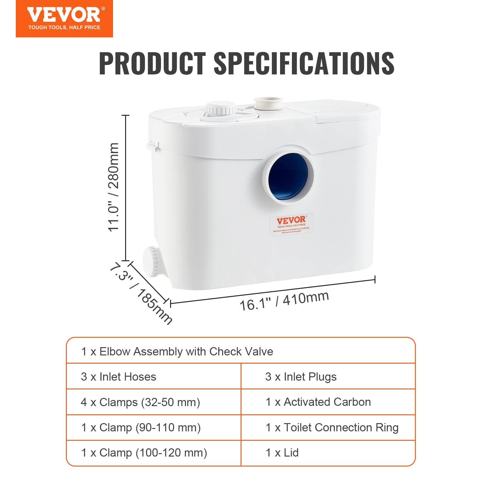 VEVOR Pompe macératrice 700W, 3 entrées eau, 9600 L/h, relevage 10 m, eaux usées toilettes/cave. - Image 7