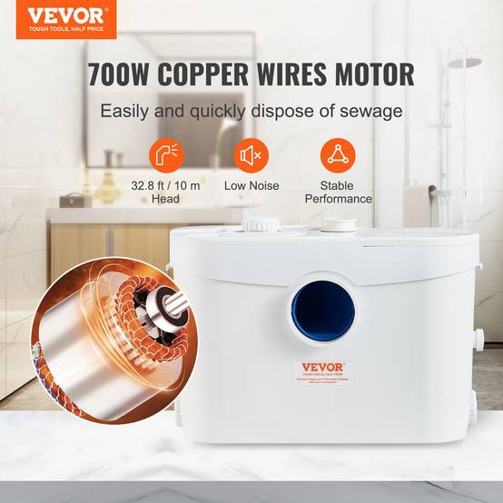 VEVOR Pompe macératrice 700W, 3 entrées eau, 9600 L/h, relevage 10 m, eaux usées toilettes/cave. - Image 2