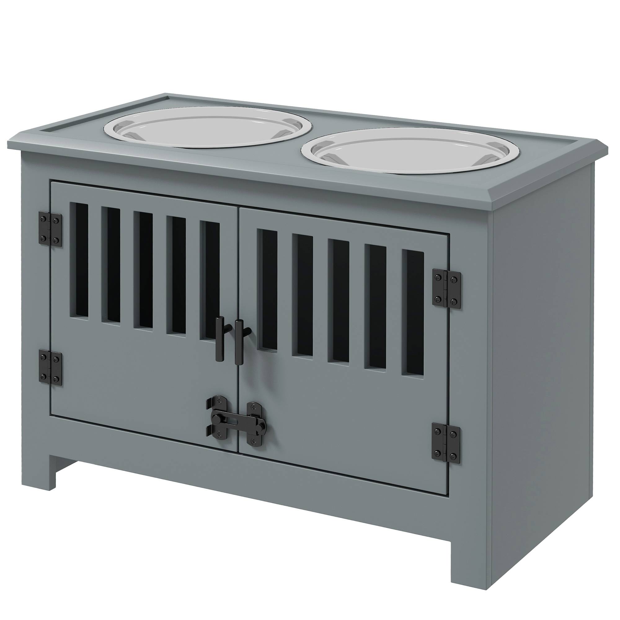 Support de gamelles surélevé MDF et acier inoxydable gris 60 x 30 x 43 cm - PANGIVO - Image 2