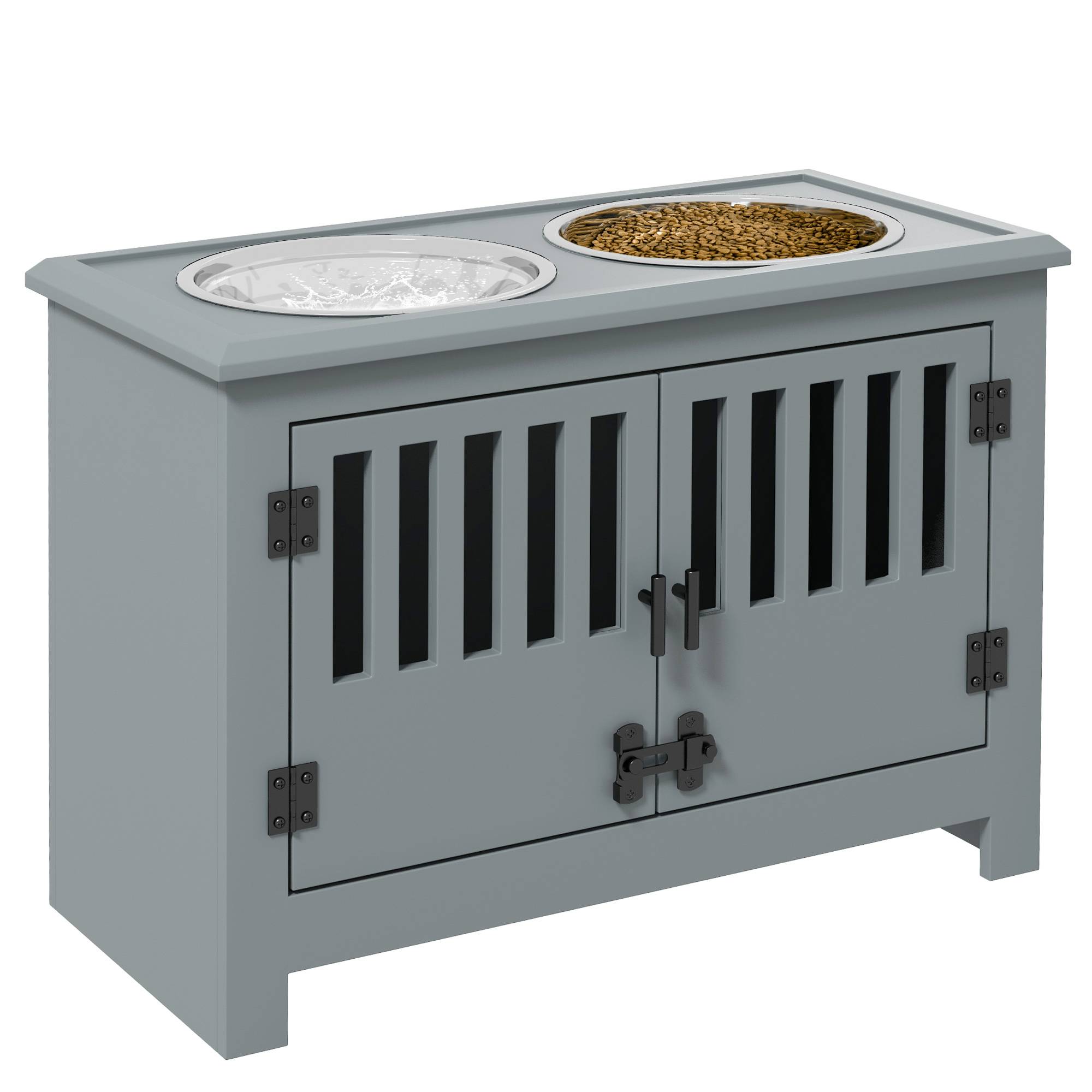 Support de gamelles surélevé MDF et acier inoxydable gris 60 x 30 x 43 cm - PANGIVO - Image 1