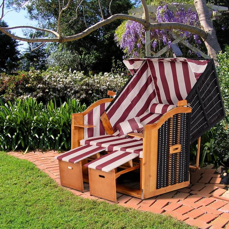 Cabine de plage 2 places bois résine tressée jardin dossier inclinable rouge blanc - ComfortXL Outdoor Living - Image 1