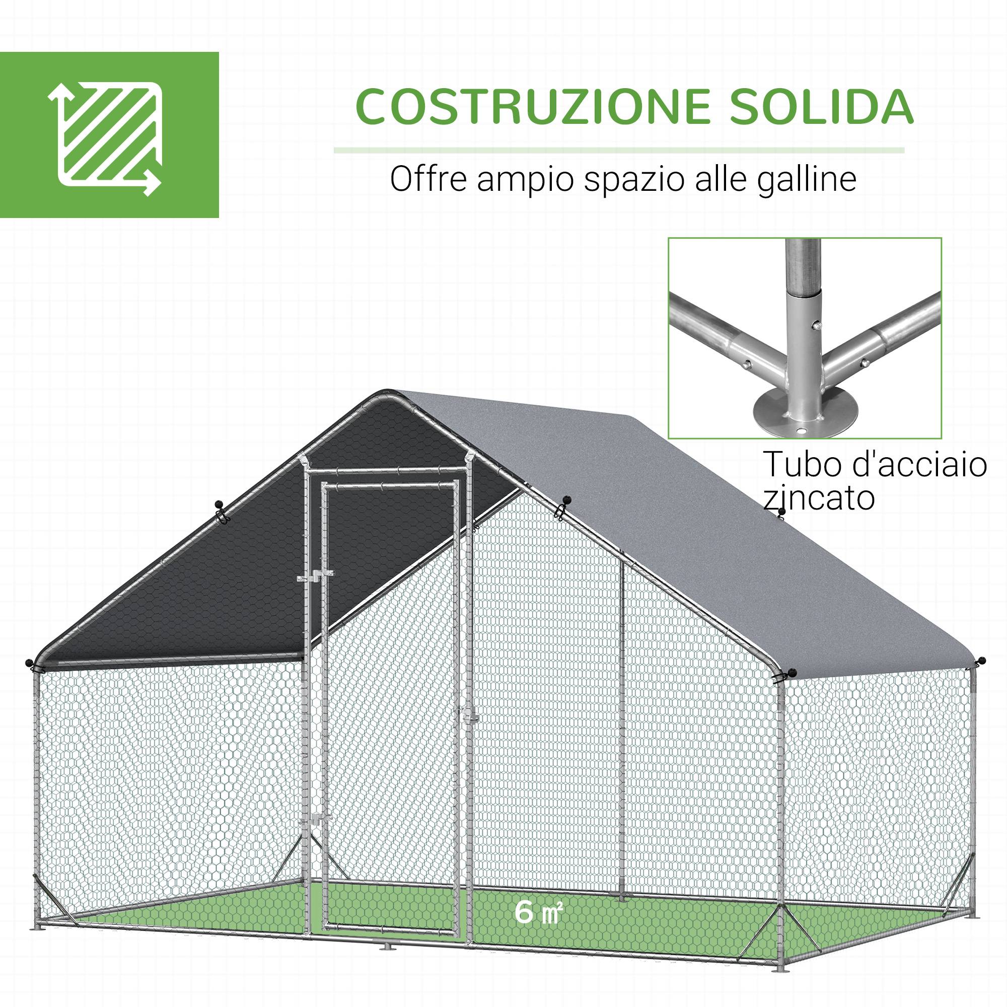 Poulailler de jardin avec structure galvanisée, bâche imperméable et grillage hexagonal, 3 x 2 x 2 m, argent - Image 8