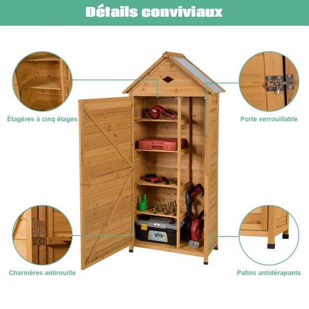 Helloshop26 - Abri de jardin extérieur à 5 etagères cabane verrouillable en bois de sapin toit en tôle galvanisée - Imagen 4