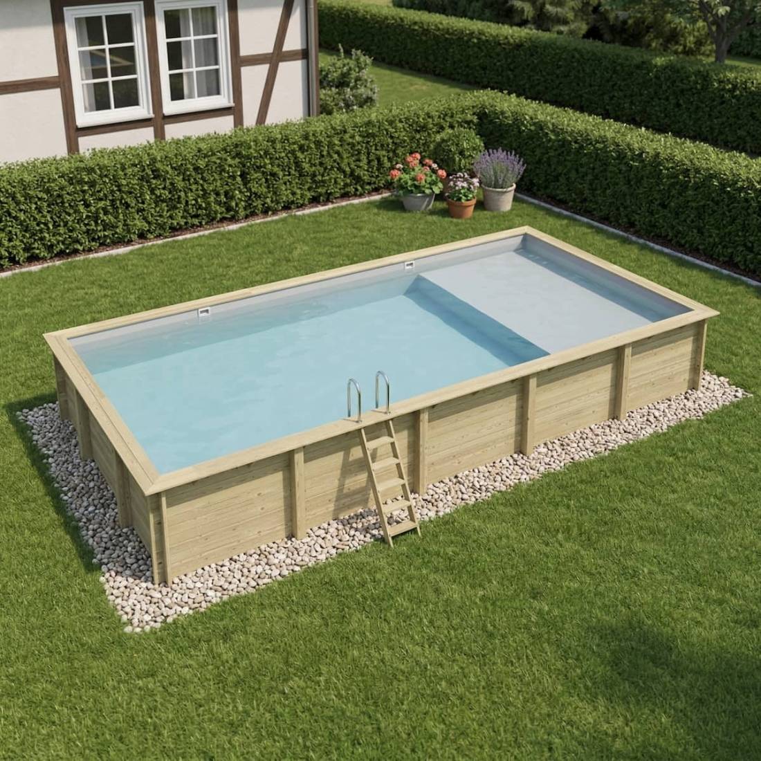 Altanka - Piscine hors sol en bois AQUA 10.2 x 5.2 - H.1.45 m avec plage, gris clair, fixations à visser - BAS7310OSPL2+PLA310 - ALTANKA