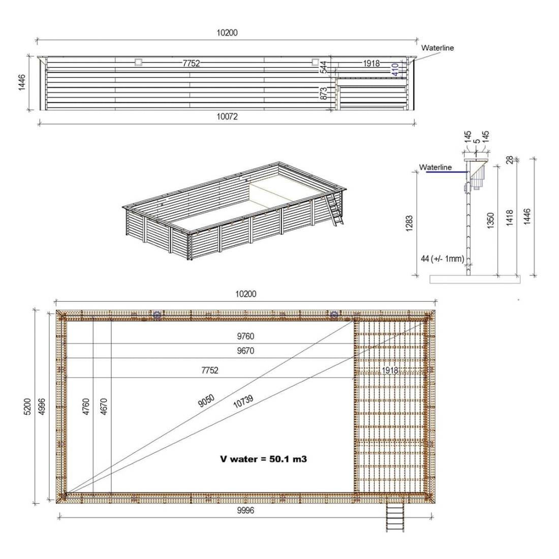 Altanka - Piscine hors sol en bois AQUA 10.2 x 5.2 - H.1.45 m avec plage, gris clair, fixations à visser - BAS7310OSPL2+PLA310 - ALTANKA - Image 4