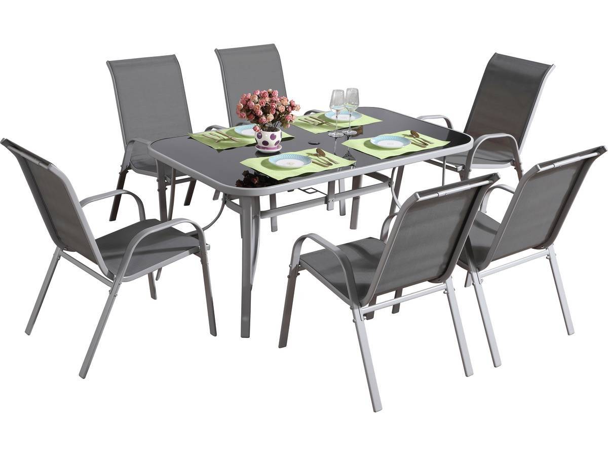 Habitat Et Jardin - Table Et Chaises De Jardin En Textilène "cordoba + Porto" 6 Personnes Gris Clair -habitat Et Jardin - Imagen 1