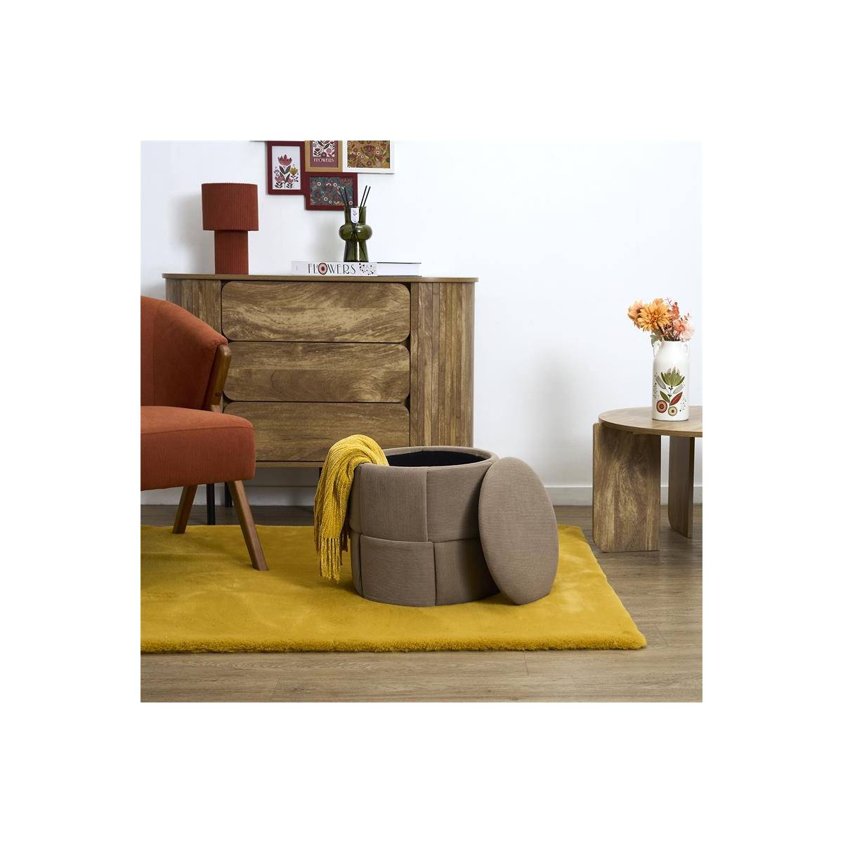 The Home Deco Factory - Pouf Coffre Tressé Côtelé "Jules" 38cm Taupe - Image 5
