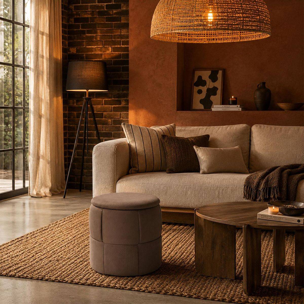 The Home Deco Factory - Pouf Coffre Tressé Côtelé "Jules" 38cm Taupe - Image 4
