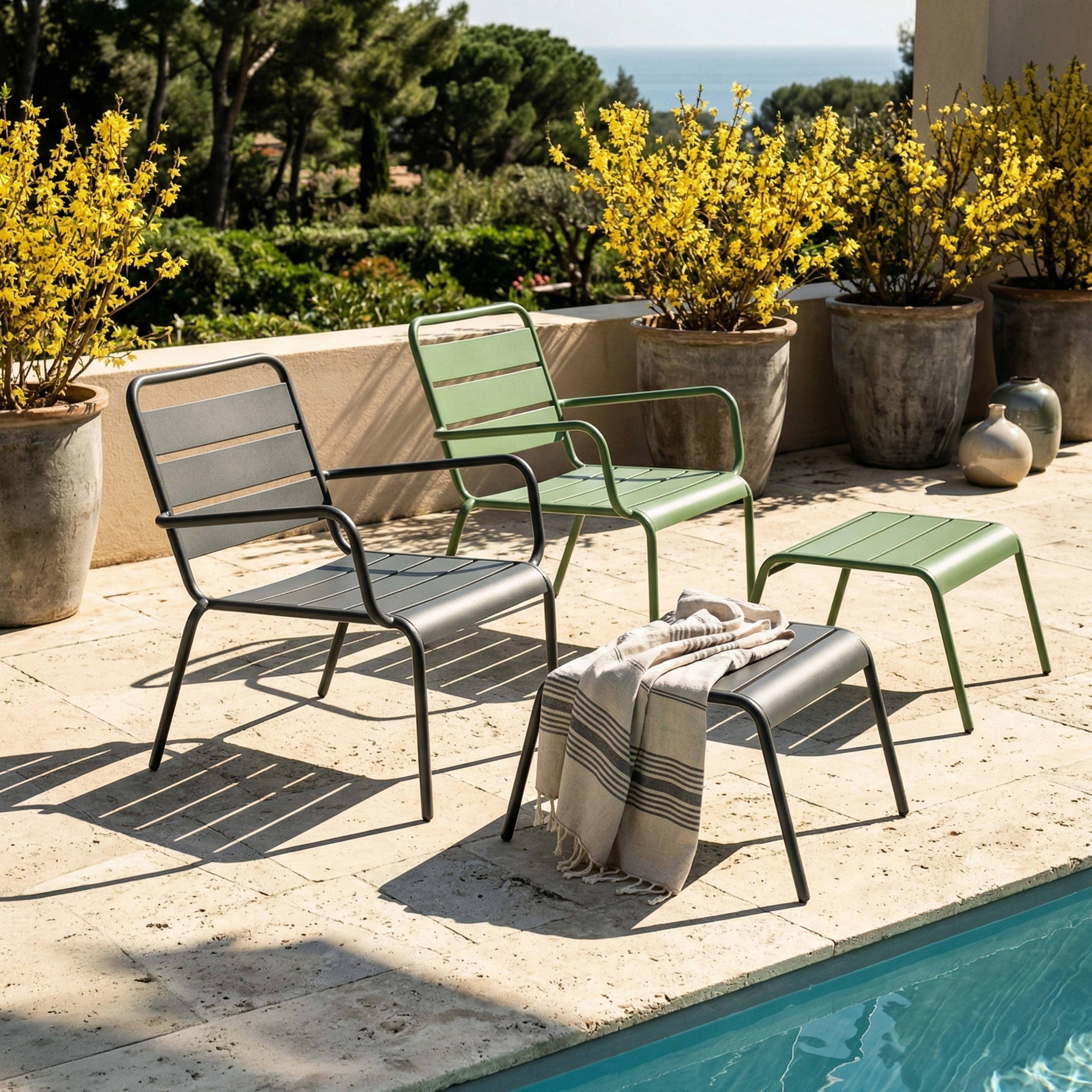 Oviala - Lot 2 fauteuils relax avec repose-pieds métal gris et vert cactus Palavas - Oviala - Imagen 2
