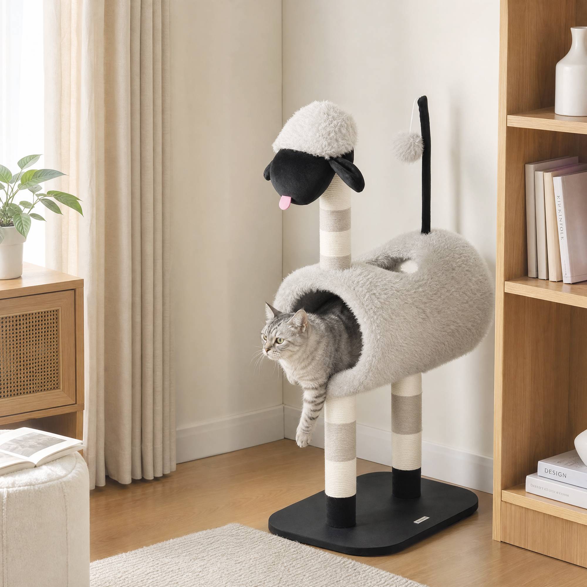 Arbre à chat design mouton, poteau à griffer, tunnel et jouet, 98cm, gris clair - Image 7