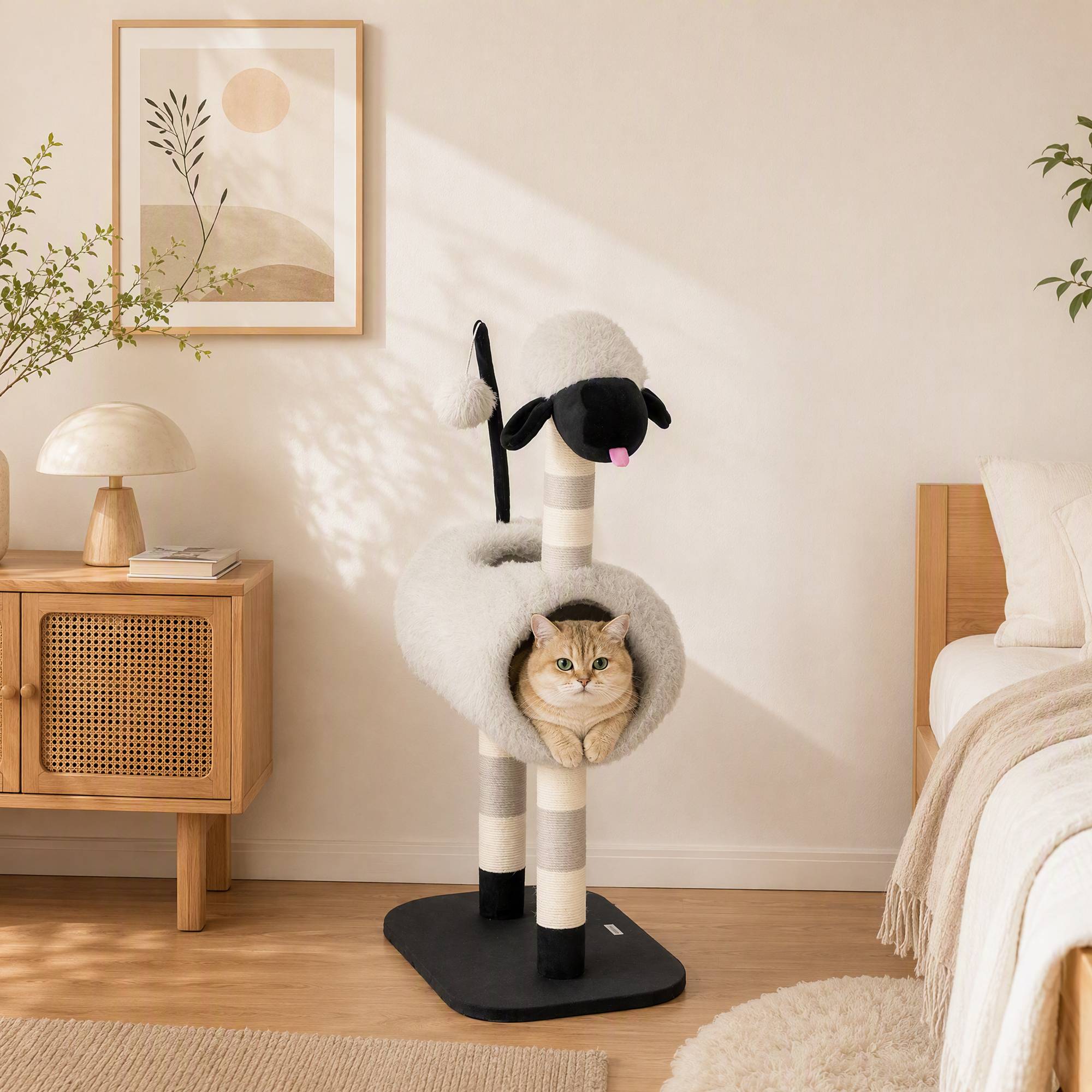 Arbre à chat design mouton, poteau à griffer, tunnel et jouet, 98cm, gris clair - Image 3