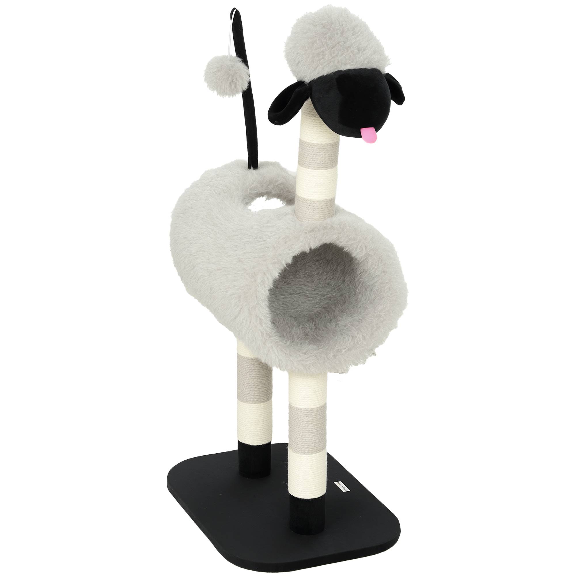 Arbre à chat design mouton, poteau à griffer, tunnel et jouet, 98cm, gris clair - Image 8