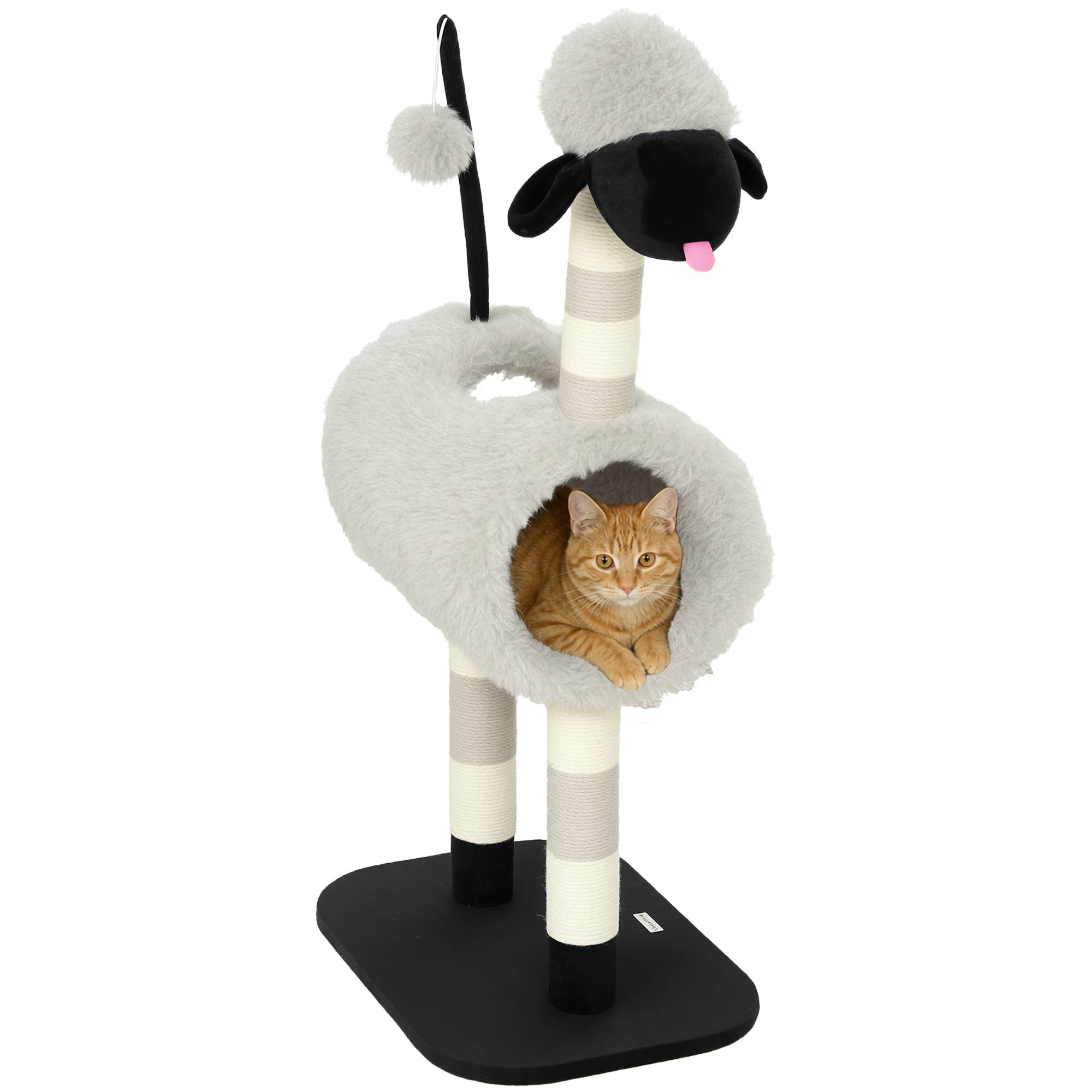 Arbre à chat design mouton, poteau à griffer, tunnel et jouet, 98cm, gris clair - Image 1