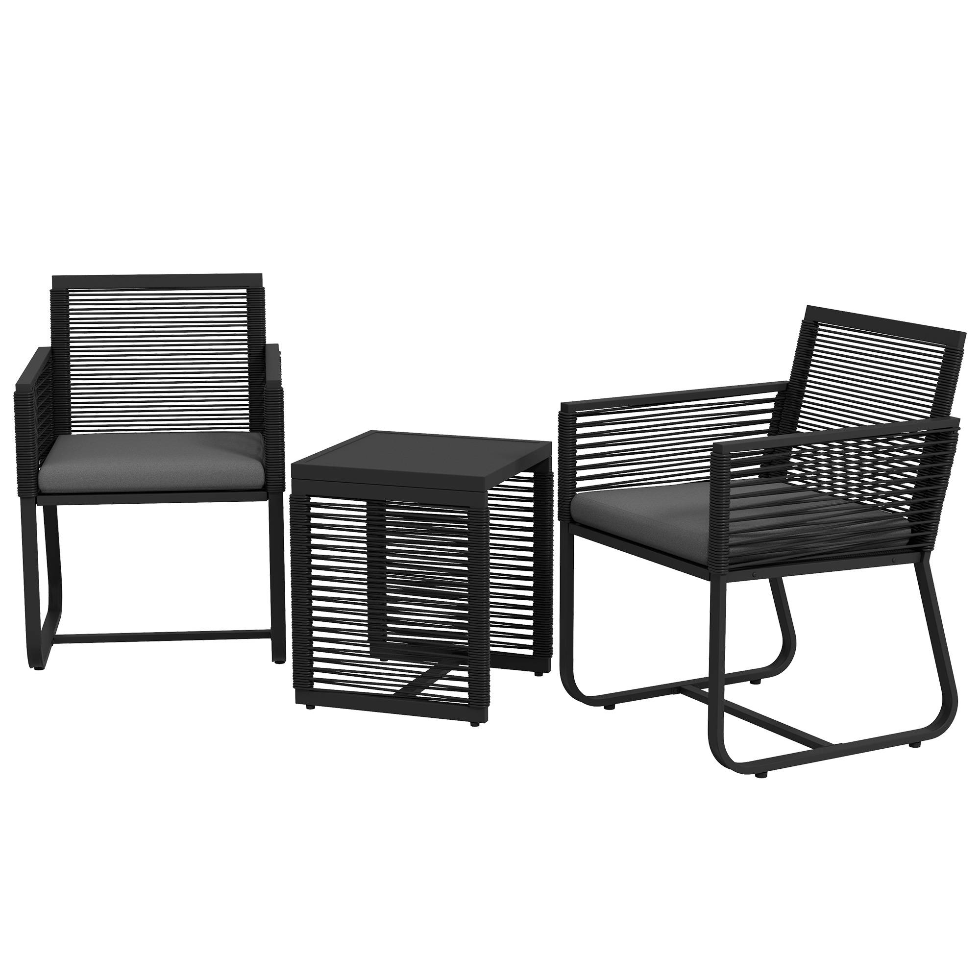 ComfortXL - Salon de balcon 3 pièces résine tressée noir gris chaises table verre trempé pour terrasse petit espace - Image 2