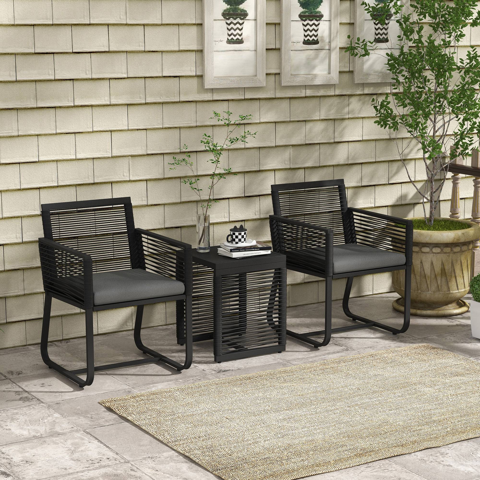 ComfortXL - Salon de balcon 3 pièces résine tressée noir gris chaises table verre trempé pour terrasse petit espace - Image 1