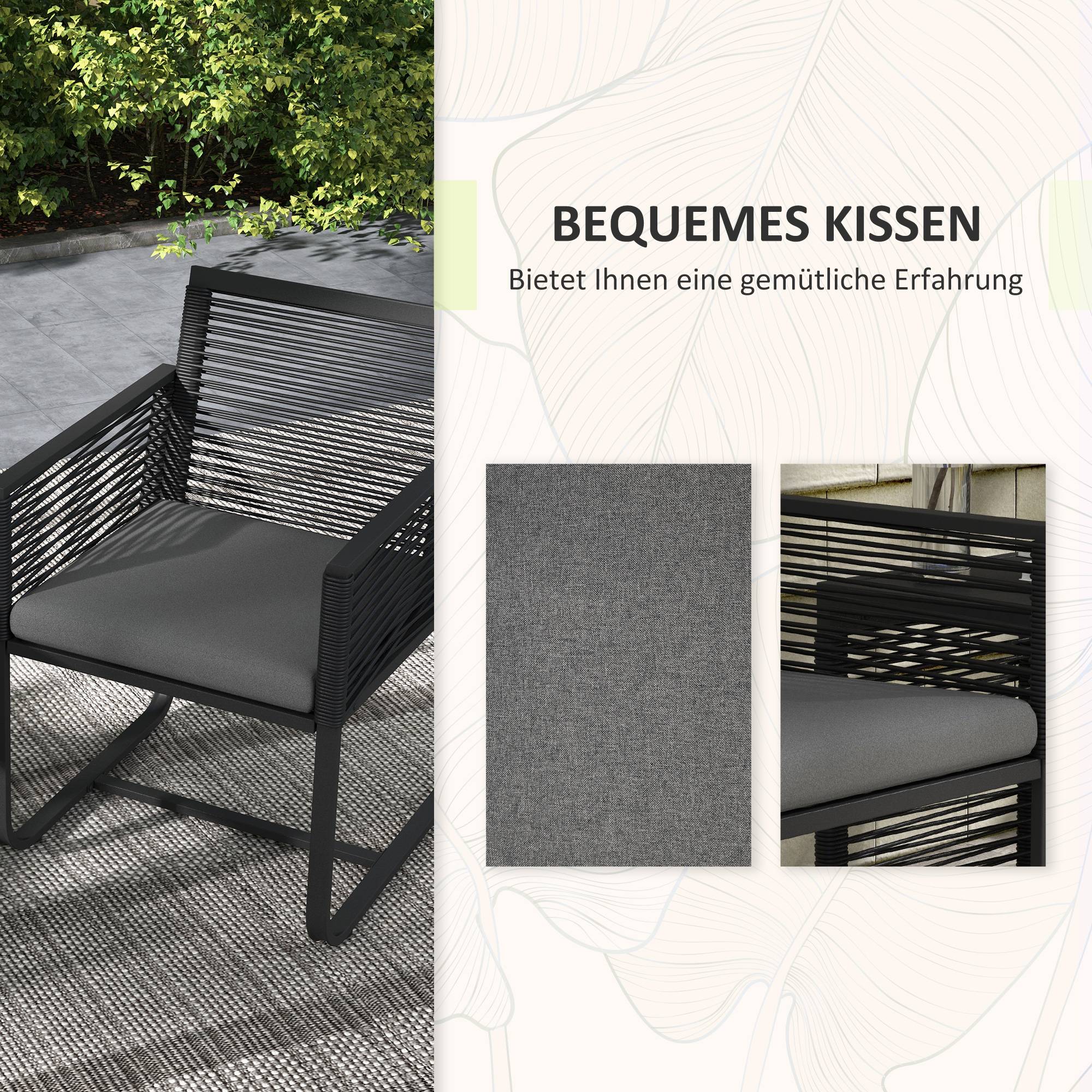 ComfortXL - Salon de balcon 3 pièces résine tressée noir gris chaises table verre trempé pour terrasse petit espace - Image 5