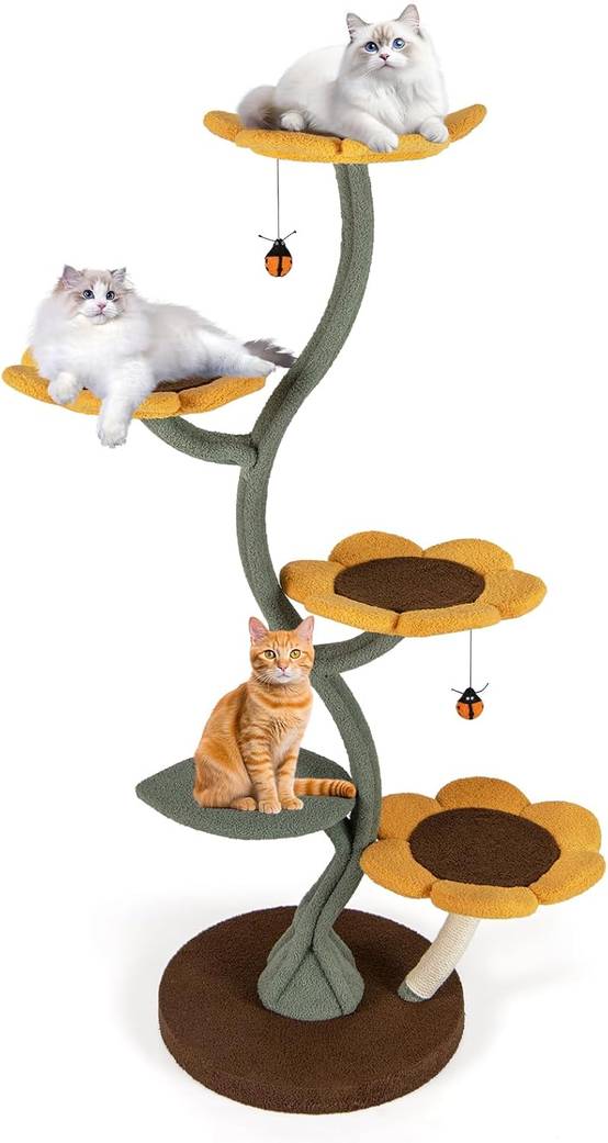 RELAXE Tour à Chat Multi-étages, Arbre à Chat Style Tournesol avec 4 Plateformes en Forme de Fleur, Poteaux à Griffer, Base Large, Plateforme Rembourr - Image 1