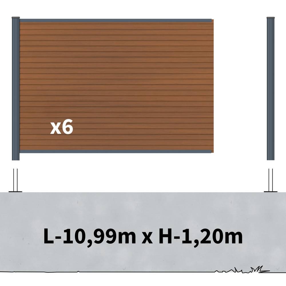 Kit Clôture Composite sur Muret SANTOS Teck 11x1,2m - Bois composite & Aluminium - Poteaux sur Platines Gris - Brise vue - Image 2