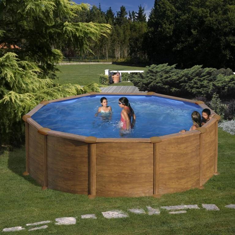 Gre Pools - Piscine ronde acier Ø4,80m x H: 1,32m - Imitation bois - Filtration à sable Gre Pools - Image 1