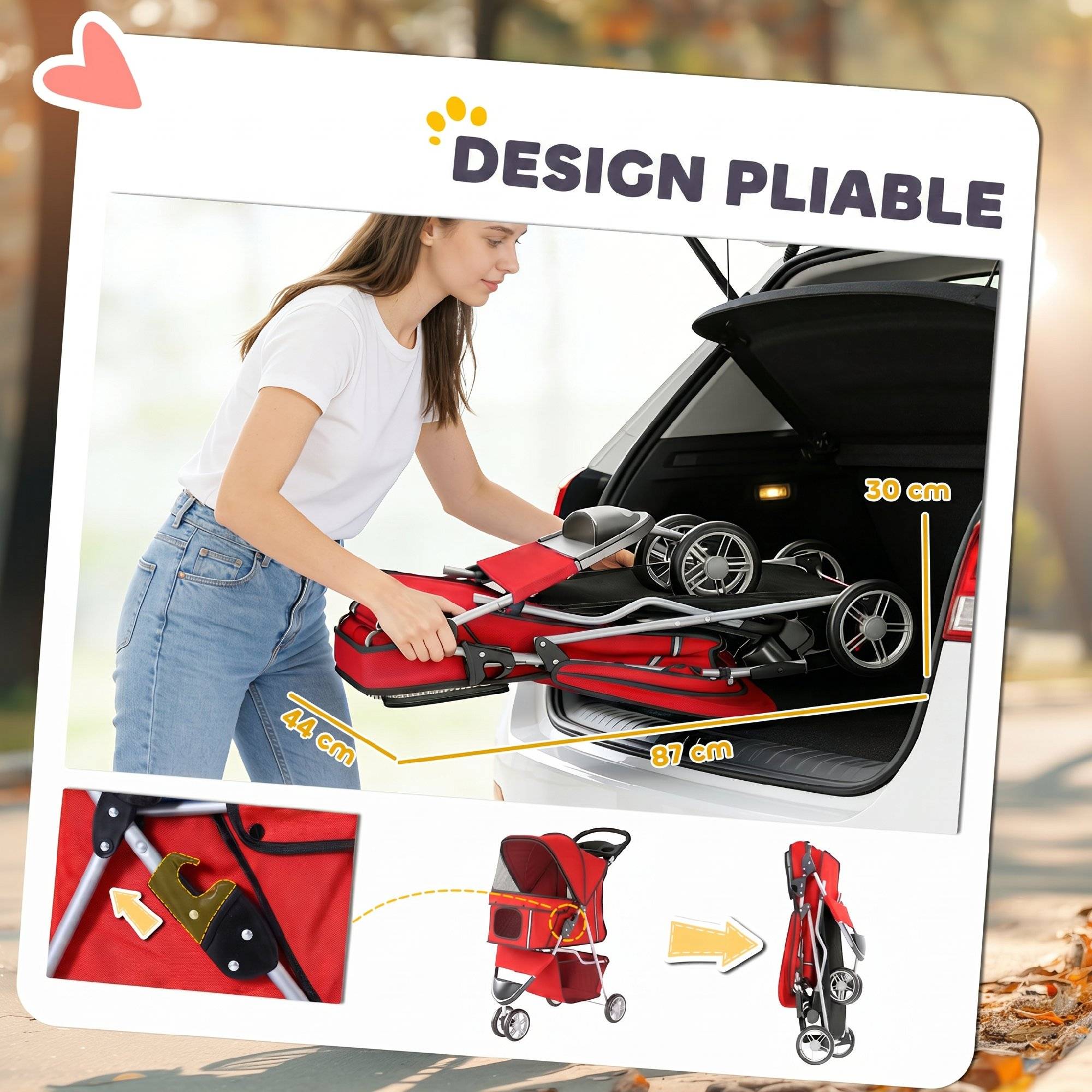 Poussette pour Chien 4 Roues, Chariot Pliable avec Auvent Réglable, Panier de Rangement, 77x44x102cm, Rouge - Image 7