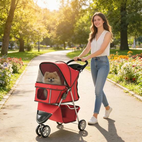 Poussette pour Chien 4 Roues, Chariot Pliable avec Auvent Réglable, Panier de Rangement, 77x44x102cm, Rouge - Image 4
