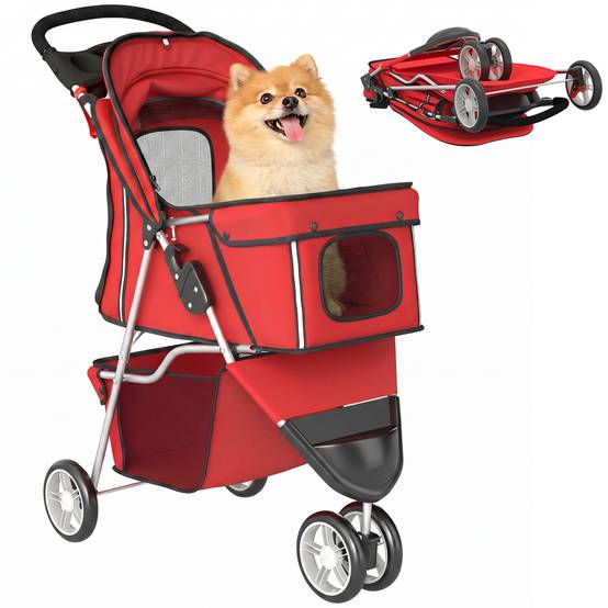 Poussette pour Chien 4 Roues, Chariot Pliable avec Auvent Réglable, Panier de Rangement, 77x44x102cm, Rouge - Image 1