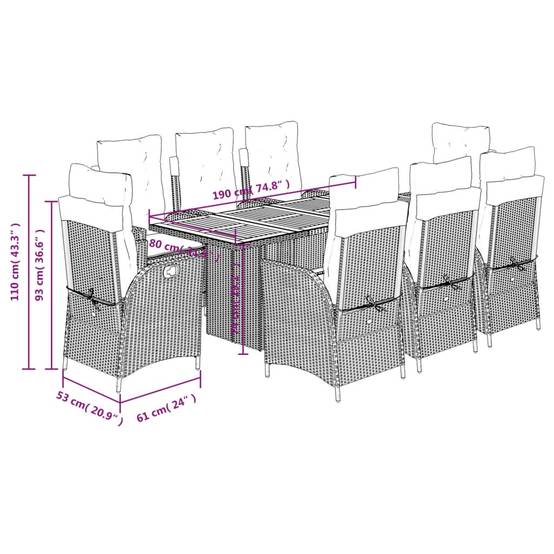 Salon de Jardin 8 Personnes Résine Tressée Noire, Table Acacia & Fauteuils Inclinables, Coussins Crème – ComfortXL Outdoor Living - Image 4