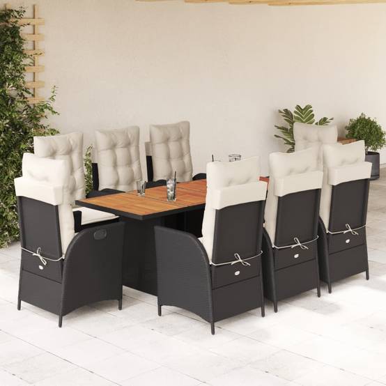 Salon de Jardin 8 Personnes Résine Tressée Noire, Table Acacia & Fauteuils Inclinables, Coussins Crème – ComfortXL Outdoor Living - Image 1