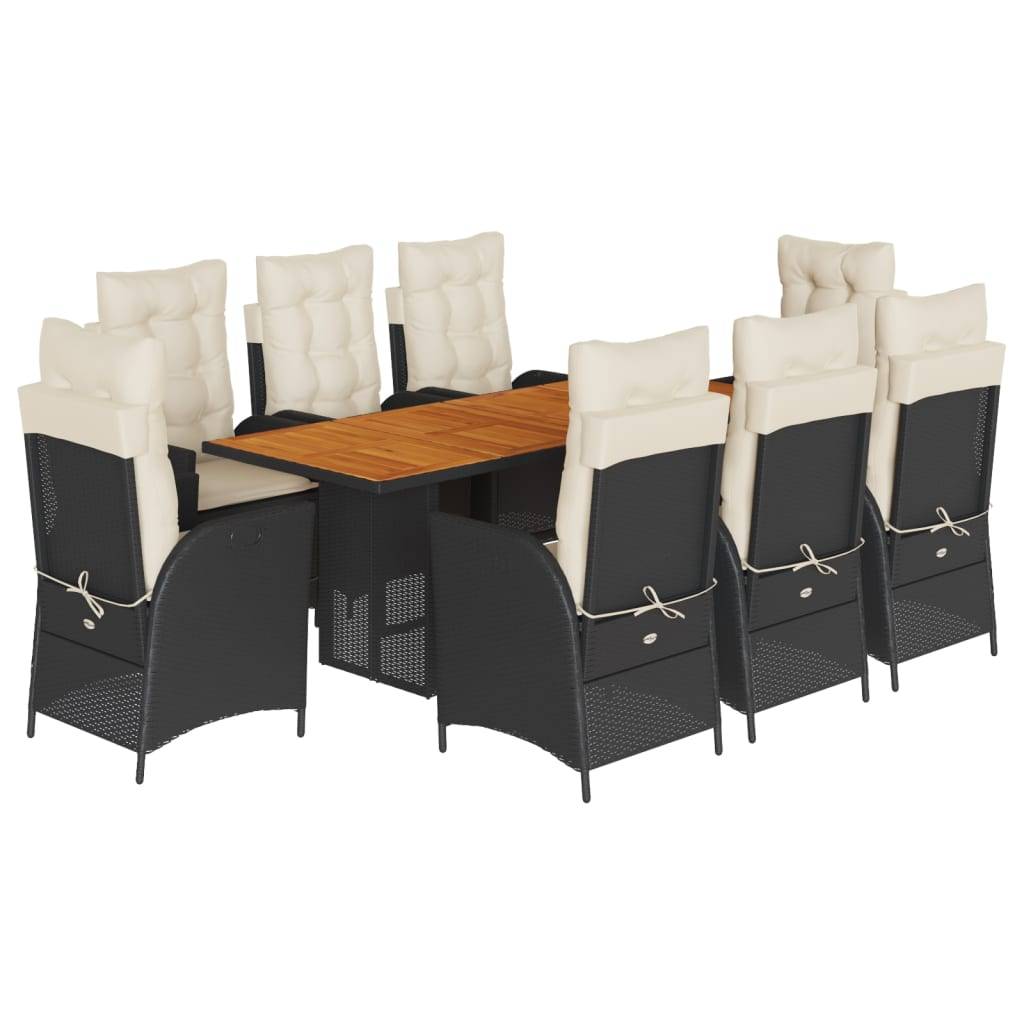 Salon de Jardin 8 Personnes Résine Tressée Noire, Table Acacia & Fauteuils Inclinables, Coussins Crème – ComfortXL Outdoor Living - Image 2