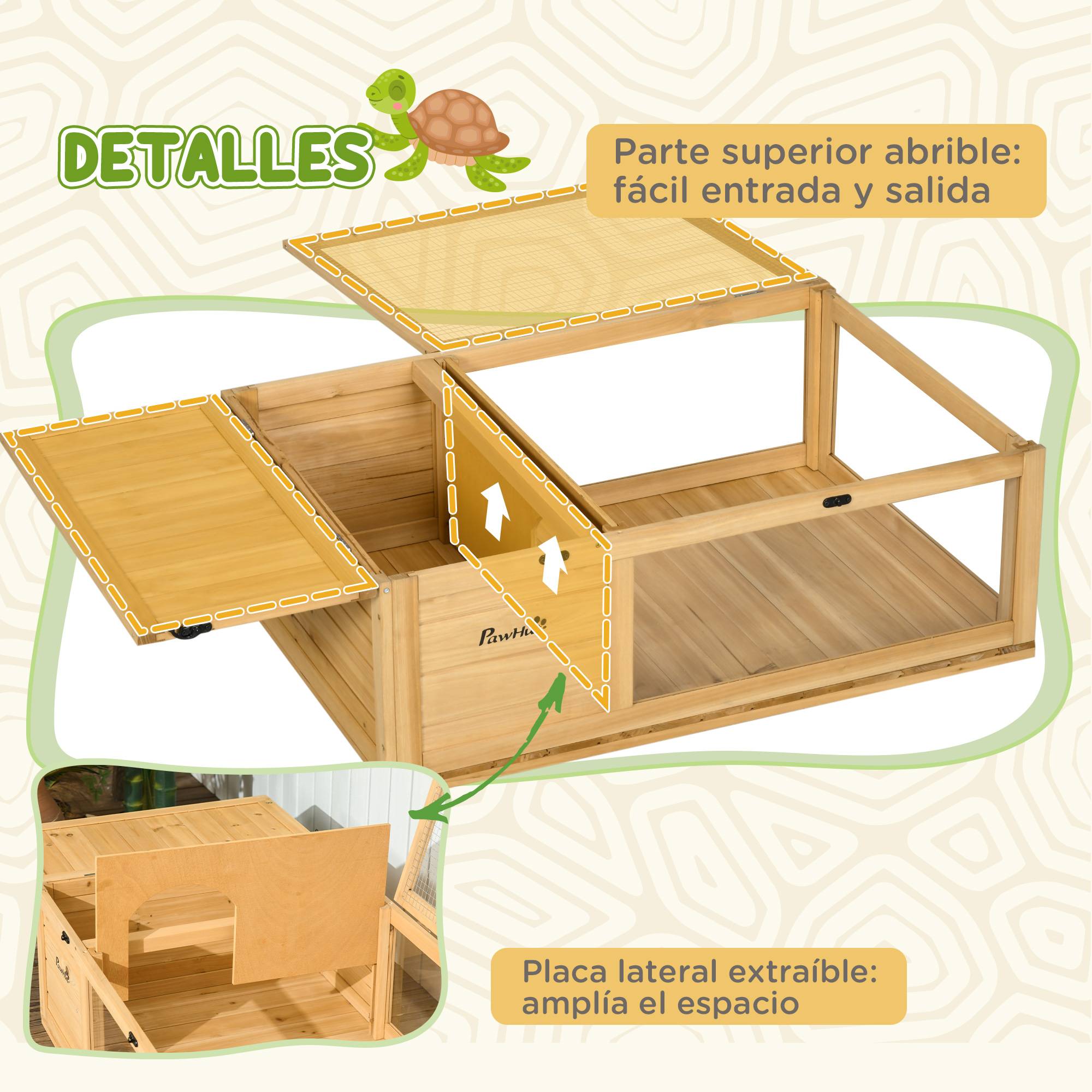 Maison pour tortues en bois avec toit grillagé et panneaux latéraux transparents amovibles, 91x60,5x32 cm, naturel - Image 7