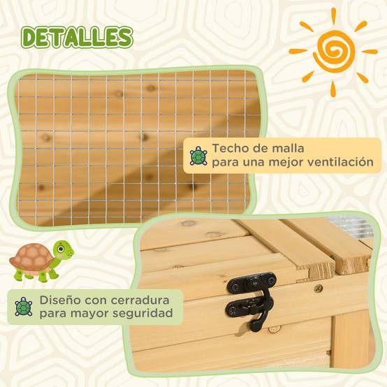 Maison pour tortues en bois avec toit grillagé et panneaux latéraux transparents amovibles, 91x60,5x32 cm, naturel - Image 8