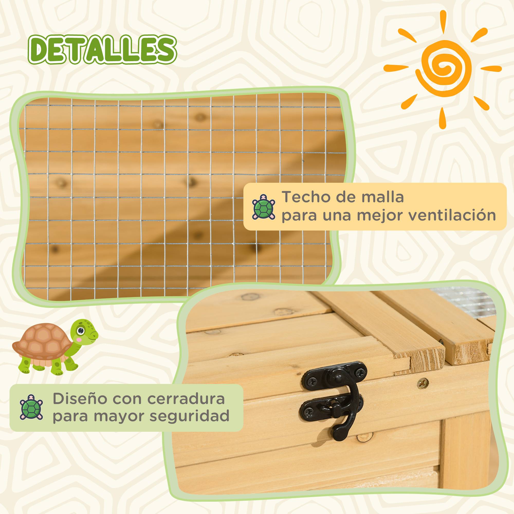 Maison pour tortues en bois avec toit grillagé et panneaux latéraux transparents amovibles, 91x60,5x32 cm, naturel - Image 8