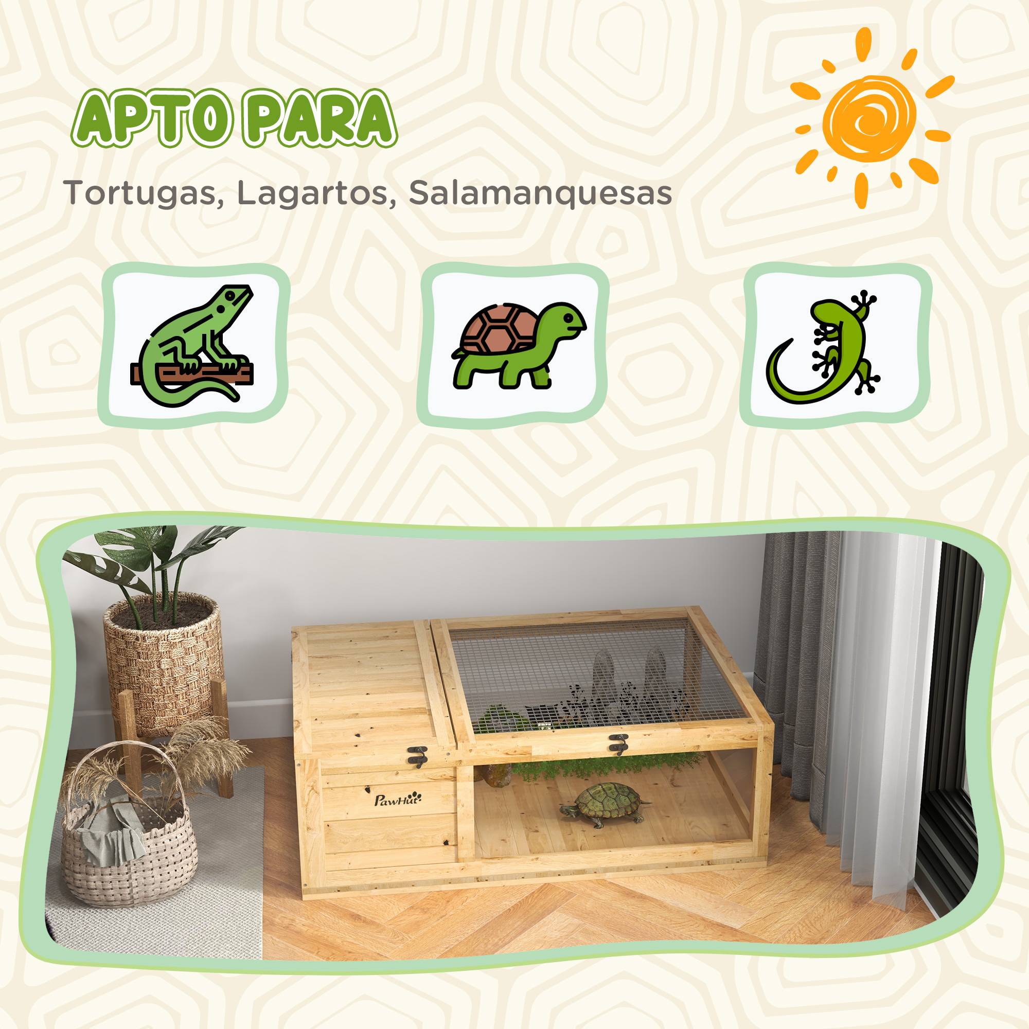 Maison pour tortues en bois avec toit grillagé et panneaux latéraux transparents amovibles, 91x60,5x32 cm, naturel - Image 9