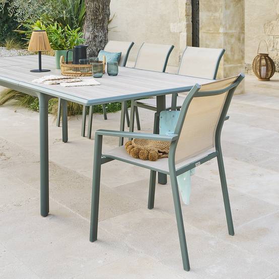 Hesperide - Fauteuil de jardin empilable "Essentia" lin & vert laurier aluminium et texaline Hespéride - Image 1