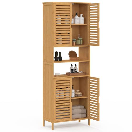 IDMARKET - Meuble armoire colonne salle de bain bambou BEA 4 portes et 2 niches - Image 4