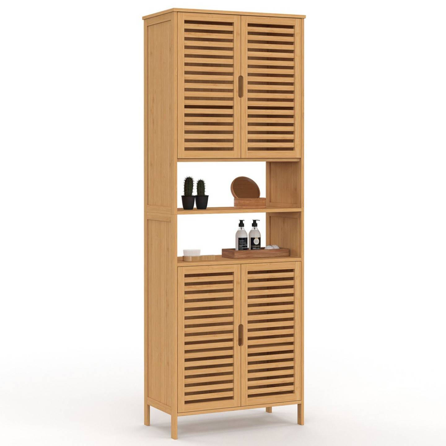 IDMARKET - Meuble armoire colonne salle de bain bambou BEA 4 portes et 2 niches - Image 2